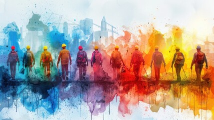 Colorful Silhouettes of Construction Workers Celebrating May Day Labor Day on Abstract Watercolor Background