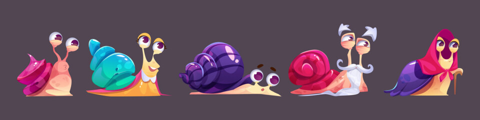 Cute snail slug character set. Slow slime insect. Small smiling gastropod animal with spiral shell house. Little crawl senior with stick and beard drawing mascot asset collection for child game. © klyaksun