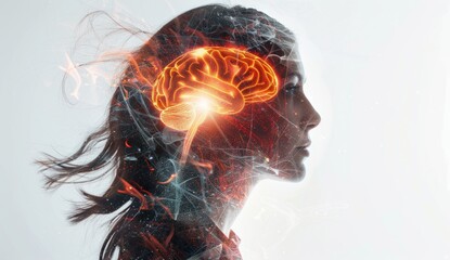 A profile shot of an AI Mate wearing glasses, her head adorned with digital brain imagery and binary code patterns