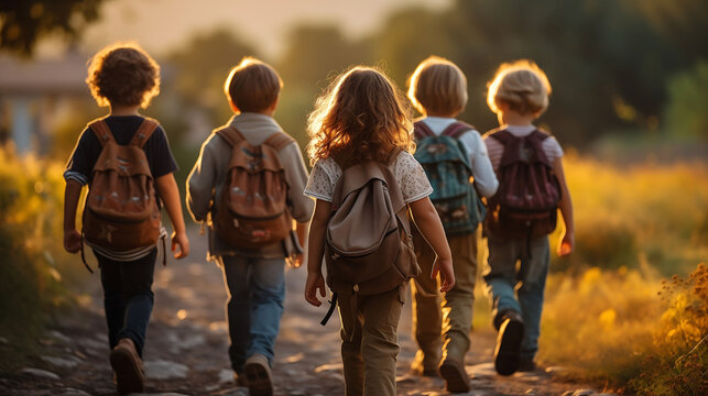 Young teenagers walking to school in the morning with their backpacks back view AI generated