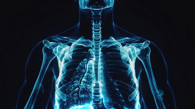 Video of human chest blue x-ray for learning science, human anatomy, biology.