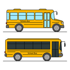 Two yellow cartoon school buses isolated on white background. Side view school transport vehicles illustration.