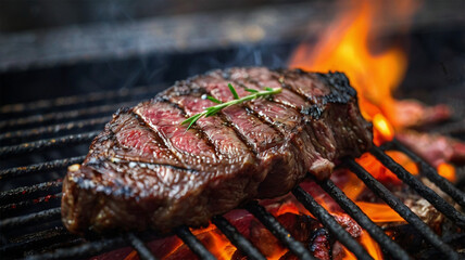 Photo of raw ribeye steak grilled on the grill with fire on background