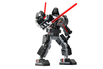 Naklejka premium Lego minifigure of Darth Vader from Star Wars with lightning sword im black robot mech isolated on white. Editorial illustrative image of popular plastic constructor.