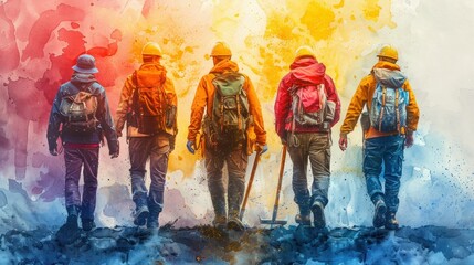 Fototapeta premium Watercolor Group of Workers - Construction Crew in Artistic Style