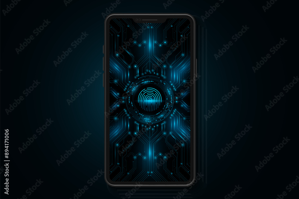 Poster smart phone with scanning fingerprint against the background of the cpu circuit board. touch screen 