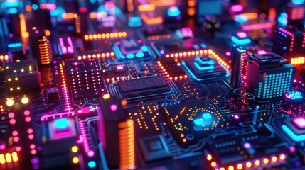 Obraz premium Neon-lit circuit boards creating a cityscape