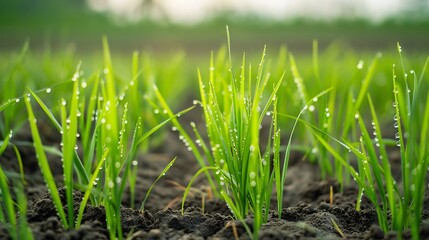 Obraz premium Dew-Covered Grass Shoots in a Field