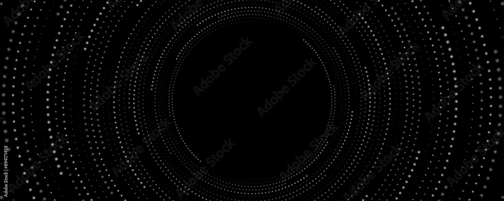 Poster abstract circles of glowing swirling dots on black background. big data visualization into cyberspac