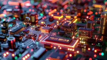 Obraz premium Neon-lit circuit boards creating a cityscape