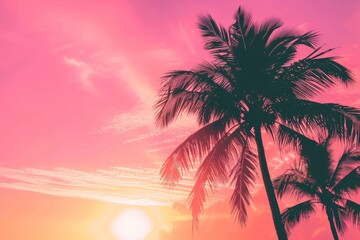 A vibrant pink and orange sunset sky with palm tree silhouettes