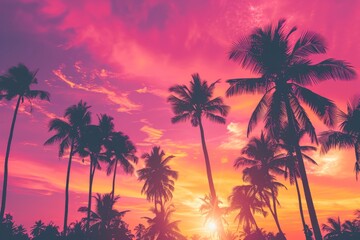 A vibrant pink and orange sunset sky with the silhouette of an isolated palm tree, creating a tropical background for travel advertising or vacation