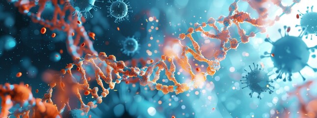 Fototapeta premium 3D futuristic science background of DNA molecule and virus.