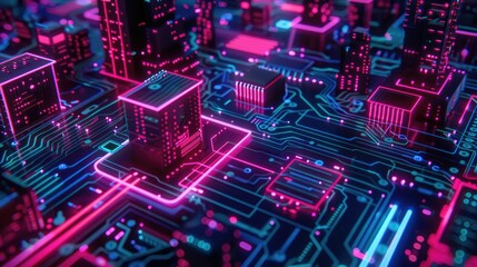 Fototapeta premium Neon-lit circuit boards creating a cityscape