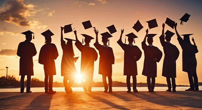 Silhouettes of Graduates with Caps at Sunset, Class of 2024 Web Banner