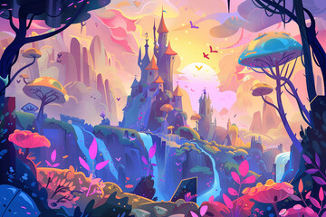 Obraz premium A whimsical, colorful fantasy castle with surrounding enchanted forest, vibrant colors, and a dreamy atmosphere, perfect for illustrating magical or fairy tale concepts.