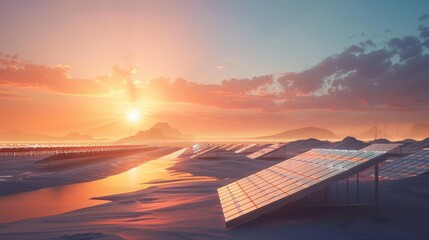 Illustrate the power of renewable energy with a futuristic solar panel array, harnessing sunlight to generate clean electricity.