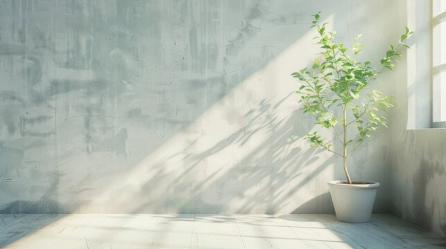 Interior building with sunlight shadows and small flower pot with copy space Overexposed window