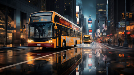 Fototapeta premium Bus on the city street at the night blurred background AI Generated