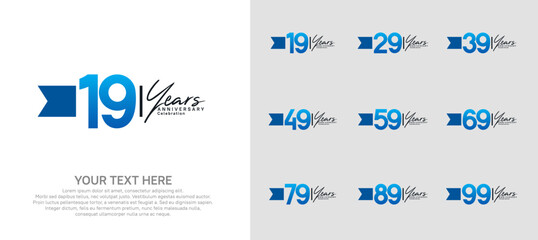 anniversary logotype set. blue number and ribbon for celebration