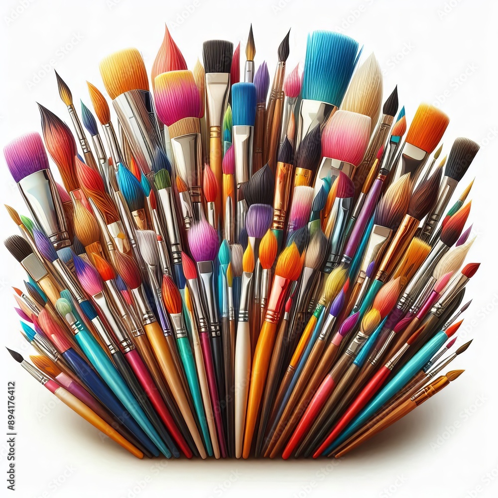 Poster a stack of colorful paintbrushes of various sizes, isolated on w