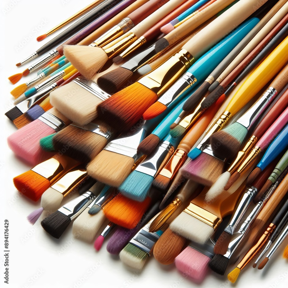 Poster a stack of colorful paintbrushes of various sizes, isolated on w