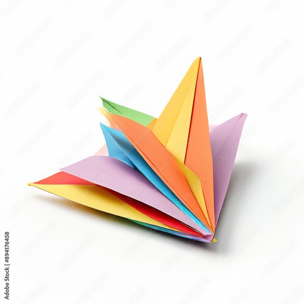 Poster a stack of colorful paper airplanes neatly folded isolated on wh