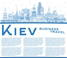 Outline Kiev Ukraine city skyline with blue buildings and copy space. Kyiv cityscape with landmarks. Business travel and tourism concept with historic architecture.