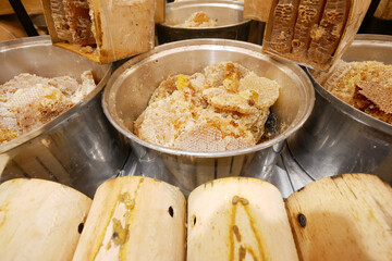 Rustic Wooden Buckets with Fresh Honeycomb for apiary, beekeeping, food, and markets