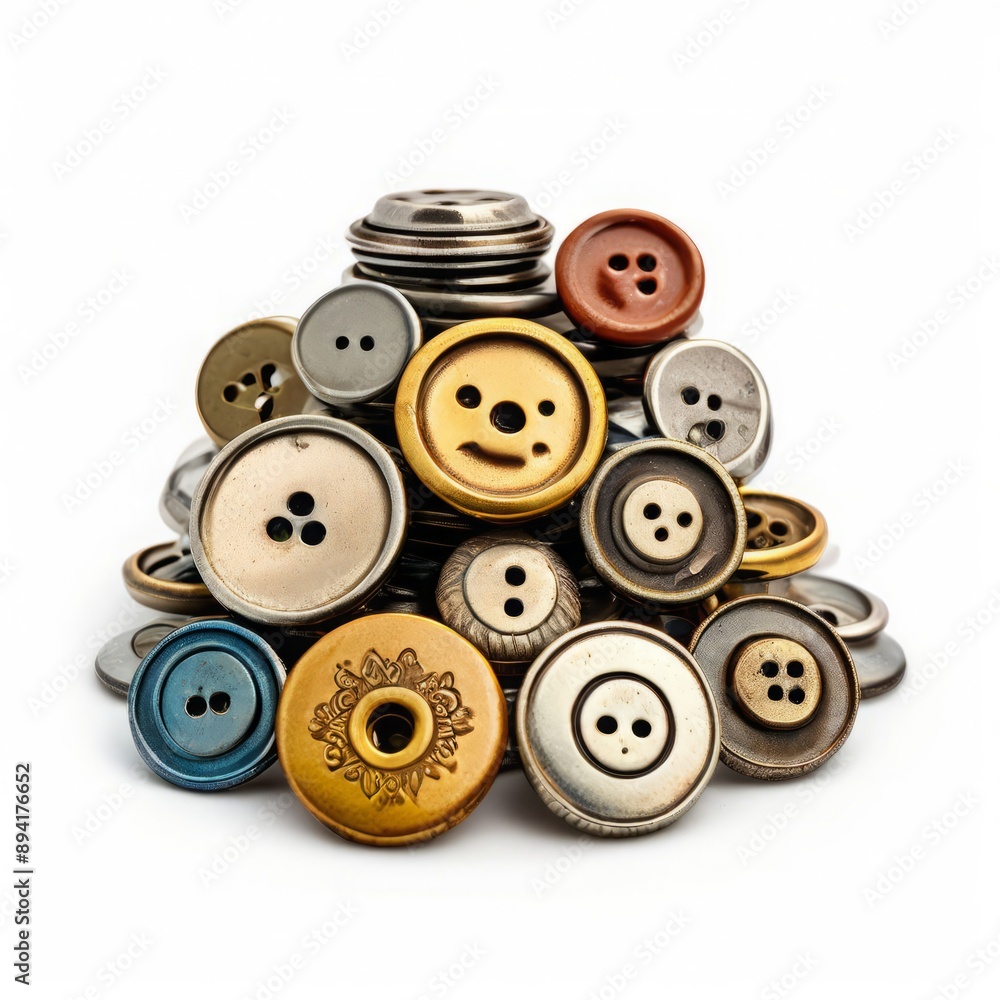 Poster a stack of vintage buttons in different shapes and sizes isolate
