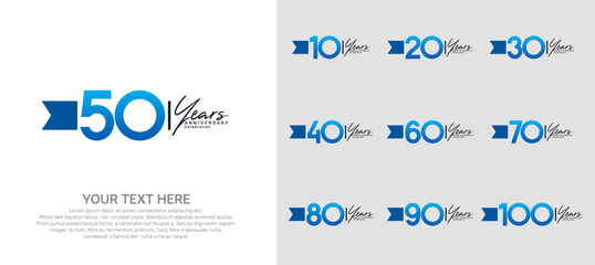anniversary logotype set. blue number and ribbon for celebration