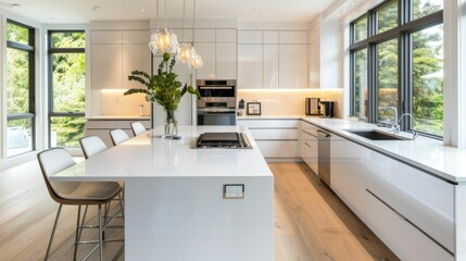 Sleek kitchen with white countertops and minimalist fixtures