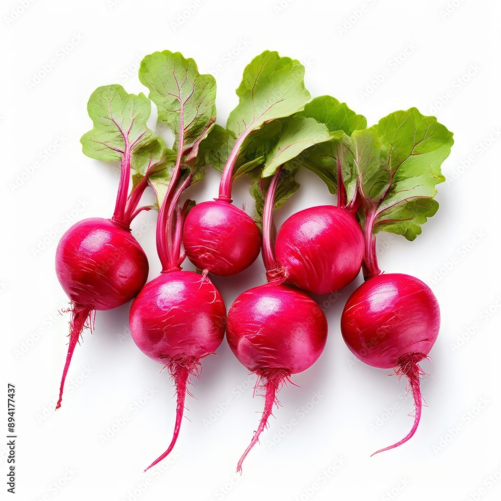 Poster bright red radishes placed in a symmetrical design to create a v