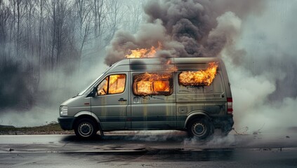 burning van with flames and smoke, isolated on blue background