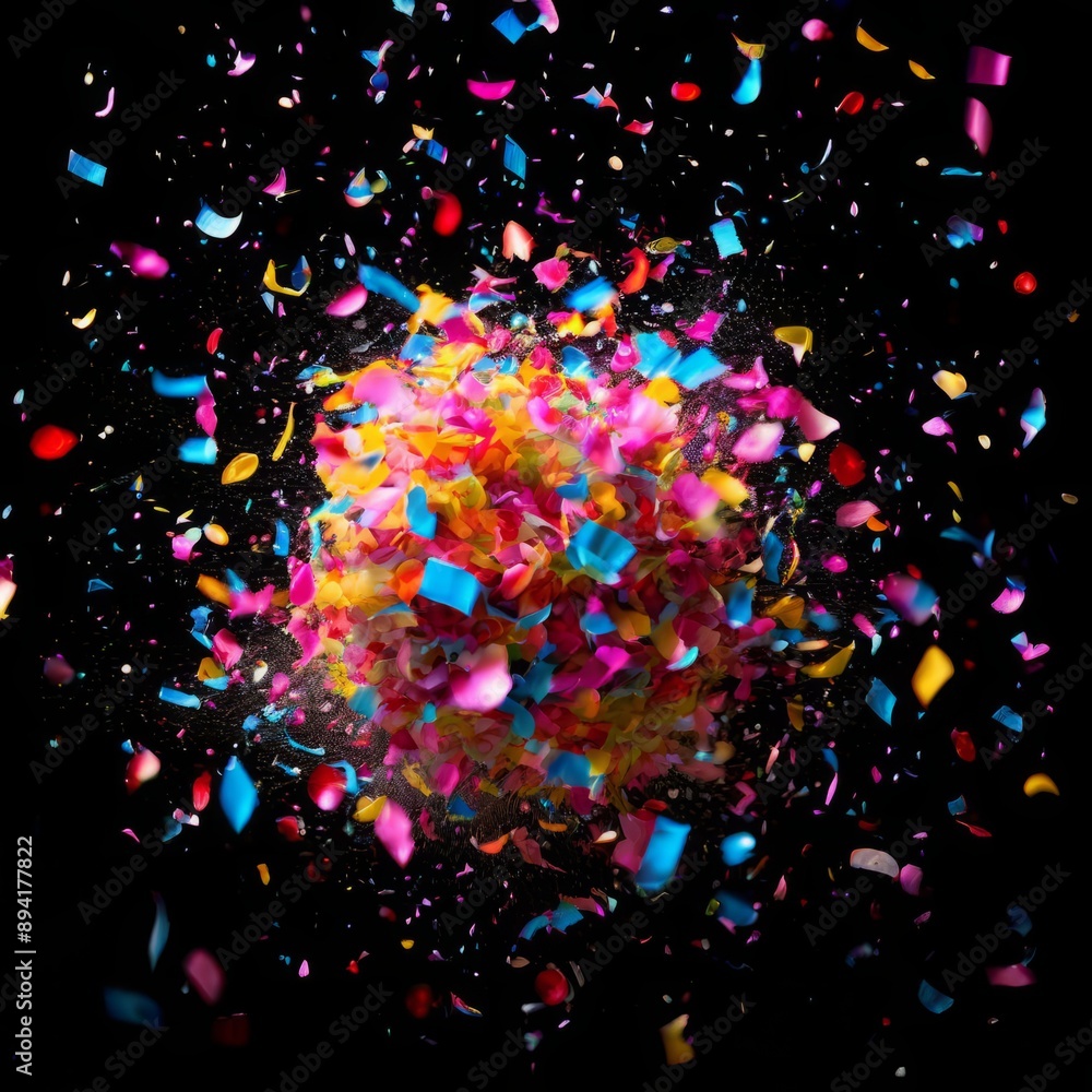 Poster burst of confetti dispersing in the air creating a joyful and fe