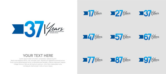 anniversary logotype set. blue number and ribbon for celebration