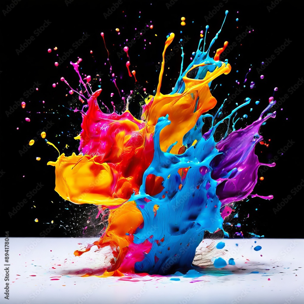 Poster colorful ink splatters scattered across a white canvas adding a