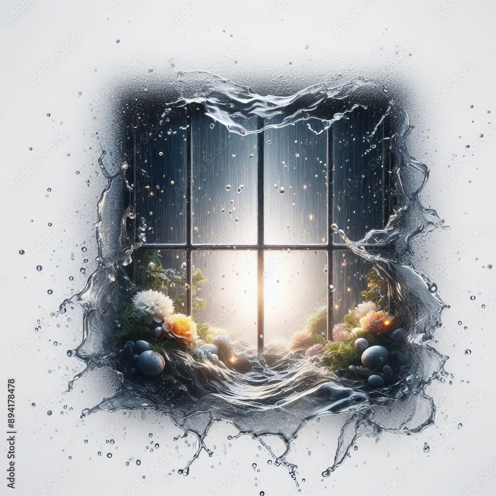 Poster droplets of rain splashing against a window pane, creating a soo