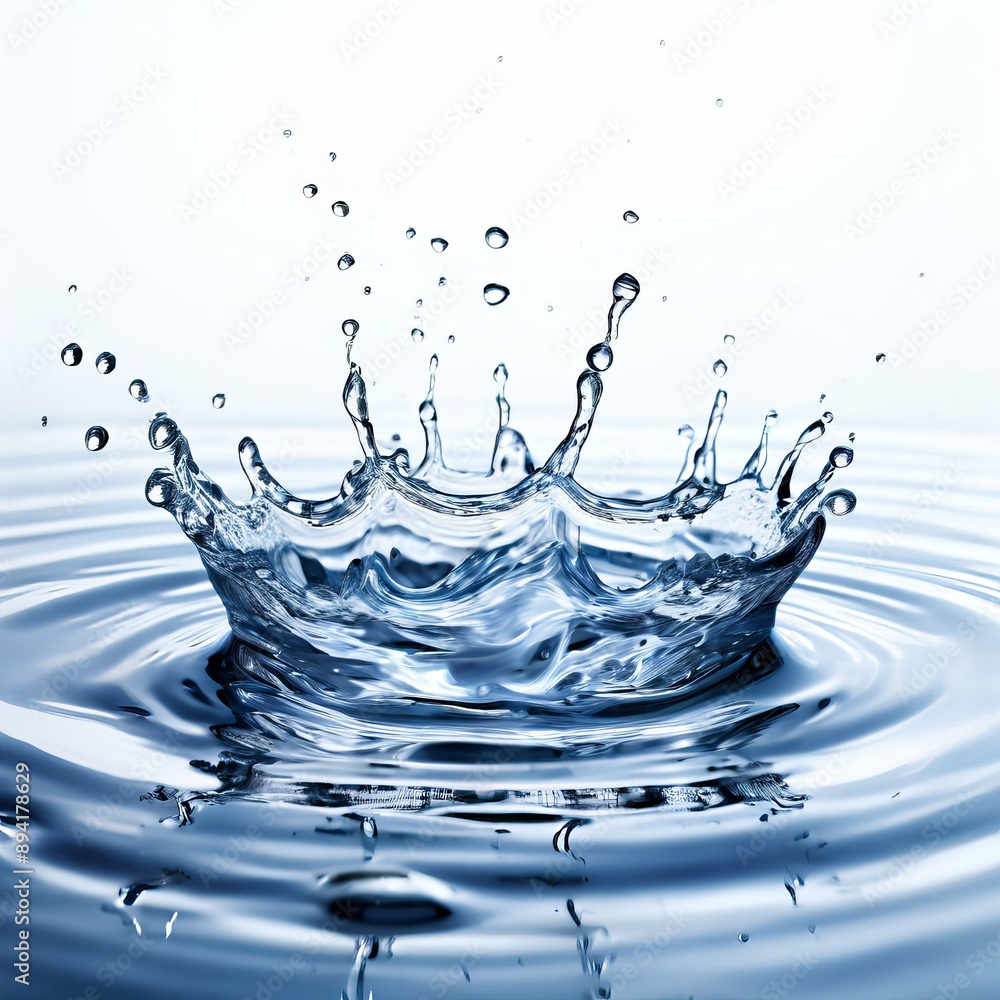 Poster droplets of water splashing against a smooth surface forming int