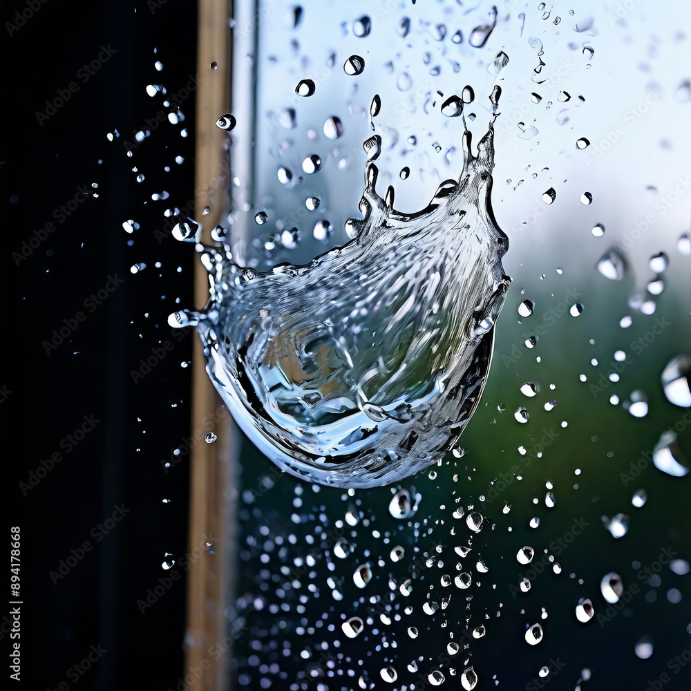 Poster droplets of water splashing against a window creating a refreshi