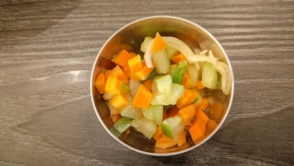 Acar timun, traditional Indonesian cucumber pickle. A complementary food containing fermented diced carrots and cucumbers.