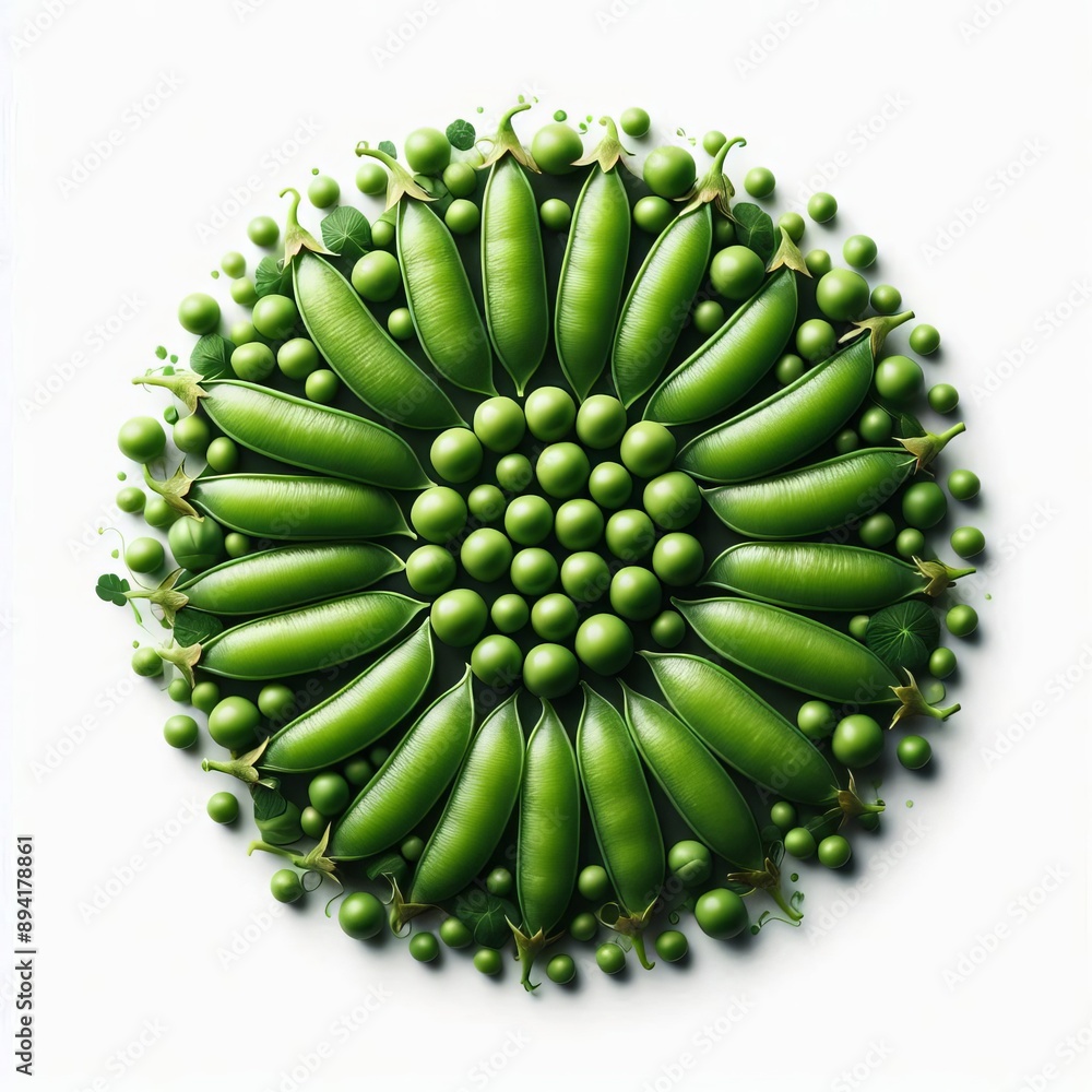 Poster fresh green peas arranged in a circular pattern to highlight the