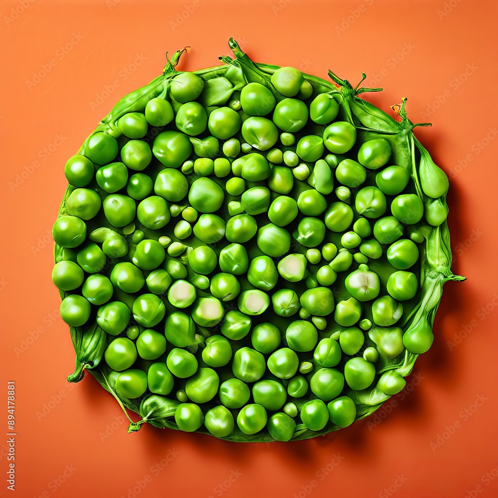 Poster fresh green peas arranged in a circular pattern to highlight the