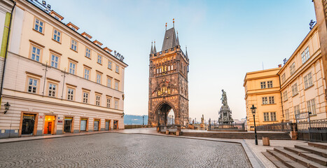 Fototapeta premium View of the city of Prague with Old Town Bridge Tower on Charles bridge in Prague, Czech Republic.