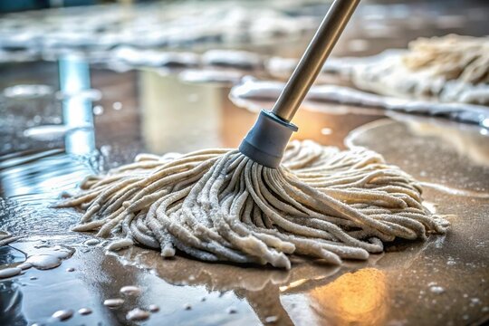 mop clean wet floor with soapy foam water closeup