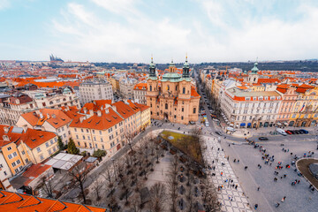 View of the city of Prague and old town square with buildings and Church of Our Lady before Tyn in...