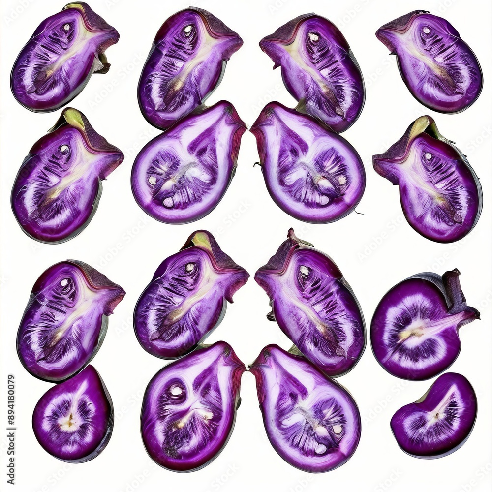 Poster purple eggplant slices arranged in a symmetrical pattern for a v