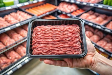 hand hold grinded meat in black foam tray in supermarket