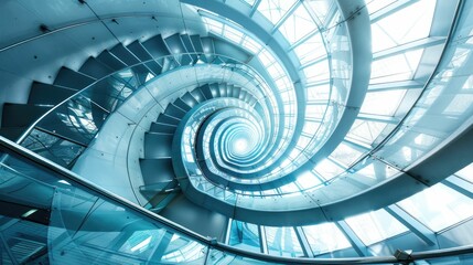 Fototapeta premium Spiral staircase inside a modern cylindrical building with glass floors