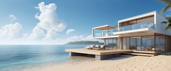 Fototapeta premium A modern beach house by the ocean, featuring sleek architecture and a serene atmosphere perfect for relaxation and seaside getaways